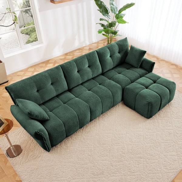 English Elm Three-Seater Sofa Set With Ottoman & Pillows - Elegant Green Chenille, Solid Wood, High-Resilience Comfort W714S01161-GIGA