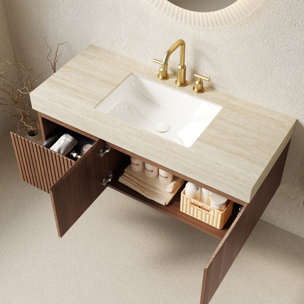 English Elm Muri 48 Inch Floating Bathroom Vanity Plywood Cabinet Sintered Stone Top Oak Finish W2615S00585