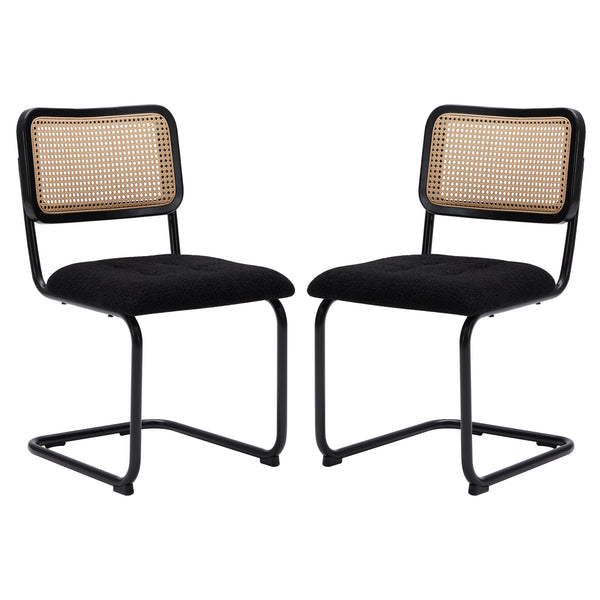 English Elm Kitchen Mid-Century Dining Chairs Set of 2 with Rattan Backrest, Cantilever Aluminum Legs, 300lb Capacity Black T3623P408460