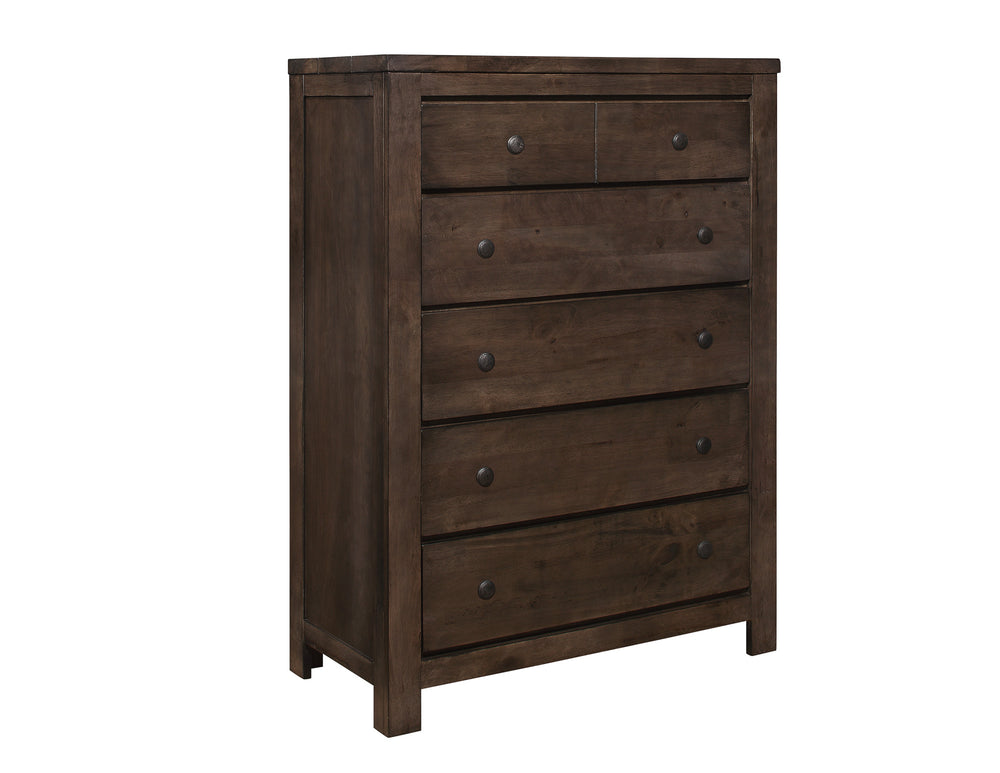 English Elm Wallace & Bay - Brown 5-Drawer Chest — Farmhouse Wood Dresser in Natural Brown, Easy-Care Finish, Sturdy 37"×17.5"×50" Storage B361P384476