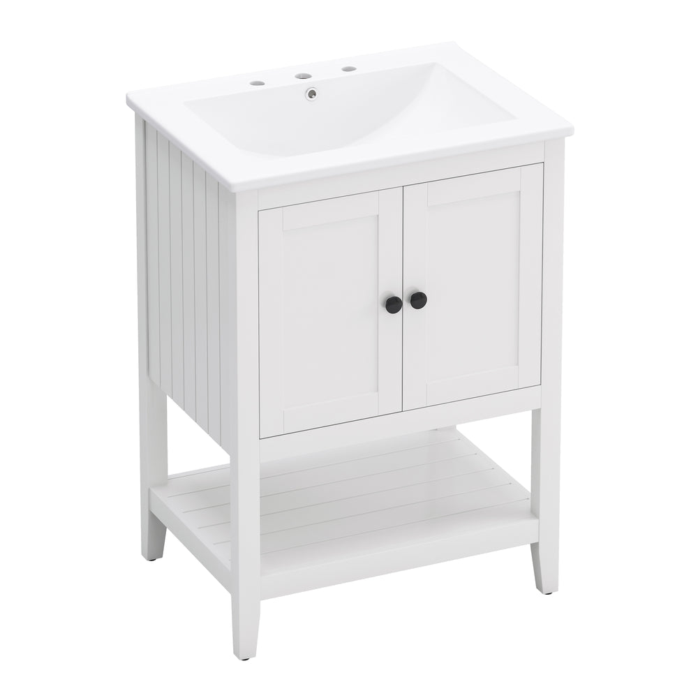 English Elm 24" Morandi White Bathroom Vanity with Ceramic Sink, Solid Wood Frame & Open Shelf, Modern Elegance N725P189823K