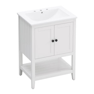 English Elm 24" Morandi White Bathroom Vanity with Ceramic Sink, Solid Wood Frame & Open Shelf, Modern Elegance N725P189823K