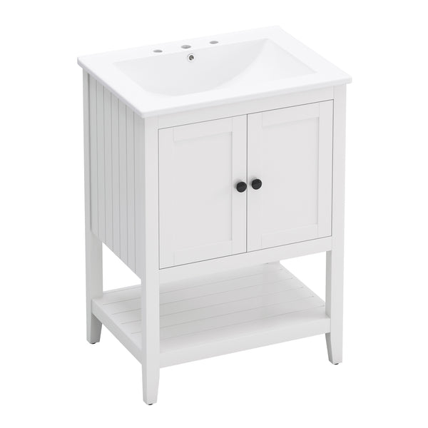 English Elm 24" Morandi White Bathroom Vanity with Ceramic Sink, Solid Wood Frame & Open Shelf, Modern Elegance N725P189823K