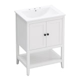 English Elm 24" White Modern Sleek Bathroom Vanity Elegant Ceramic Sink With Solid Wood Frame Open Style Shelf