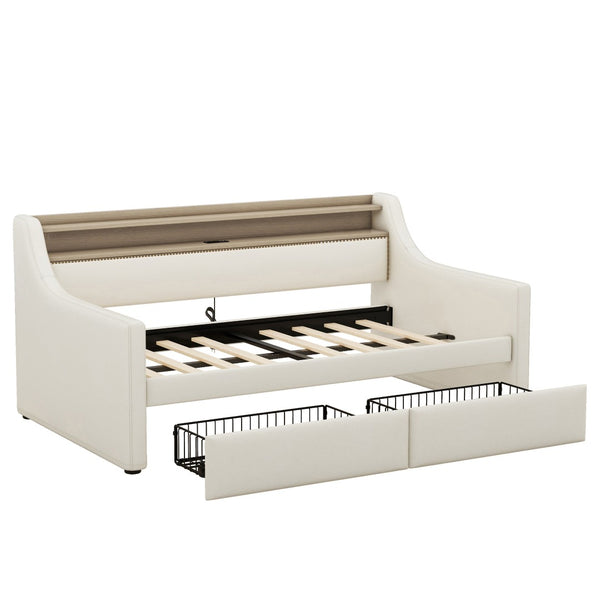 English Elm Twin Size Daybed With Storage Drawers, Charging Station & Led Lights - Stylish Beige Upholstered Design W1580S00033-GIGA