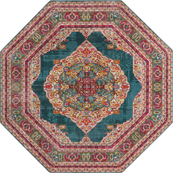Unique Loom Baracoa Regla Machine Made Border Rug Turquoise, Ivory/Olive/Orange/Red/Violet/Pink 8' 2" x 8' 2"