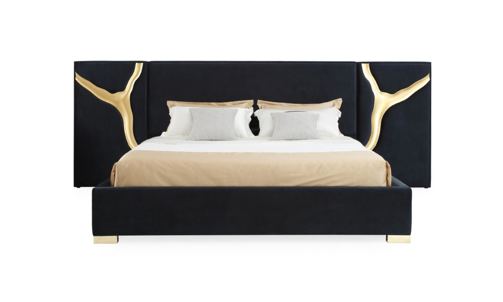 VIG Furniture Aspen Eastern King Glam Black Velvet Bed With Gold Accents — Paneled Headboard, Included Slats, Luxe Design VGVCBD1801-BLK-BED-EK