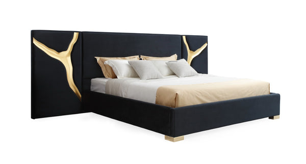 VIG Furniture Aspen Eastern King Glam Black Velvet Bed With Gold Accents — Paneled Headboard, Included Slats, Luxe Design VGVCBD1801-BLK-BED-EK