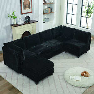 English Elm Corduroy Plush U-Shaped Sectional Sofa with Storage Ottoman, Pet-Friendly Durable Modular Comfort Black W2915S00063