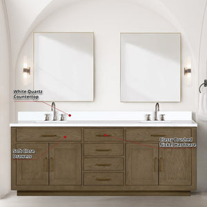 English Elm Grey Oak Double Bath Vanity Set With White Quartz Top, 2 Faucets & 36" Mirrors For Modern Bathrooms B2731S01821