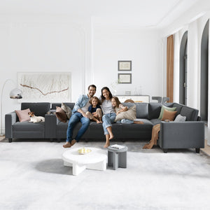 English Elm L-Shaped 6-Seater Corduroy Sofa With Usb Charging, Storage Armrests & Center Console For Modern Living W680S00056