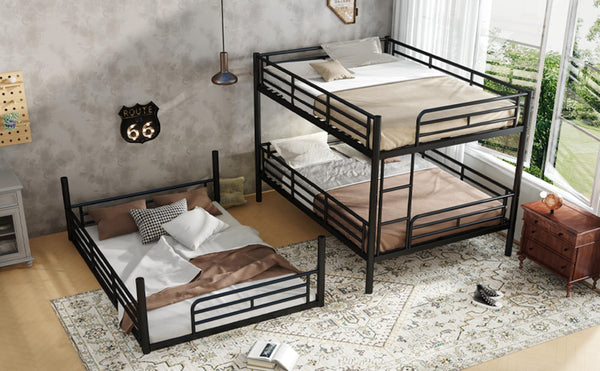 English Elm Twin Triple Metal Bunk Bed Matte Powder Coated Frame with Full Safety Guardrails Black W1580S00580