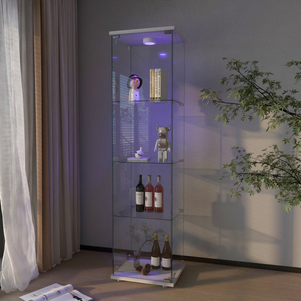 English Elm Modern Glass Display Cabinet With Led Lighting - Stylish 1-Door 4-Shelf Unit For Home & Office Use W241P242916