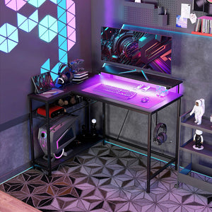 English Elm HOMCOM LED L-Shaped Desk with USB & Power Outlets, Monitor Stand, Shelves, Remote Lighting Ambience Black W2225P217261