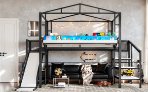 English Elm Twin Metal Loft Bed with Built-in Wardrobe Storage Stairs Led Lights and Usb Ports W5316S00047