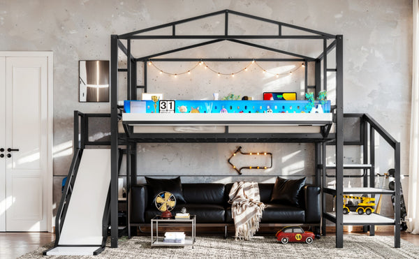 English Elm Twin Metal Loft Bed with Built-in Wardrobe Storage Stairs Led Lights and Usb Ports W5316S00047