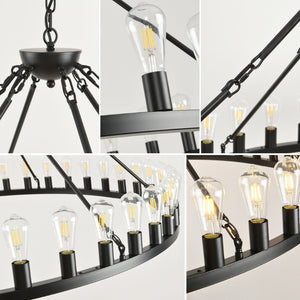 English Elm 53.15 Inch Wagon Wheel Chandelier Matte Black 18 Light Farmhouse Industrial Large Room W5008P389306