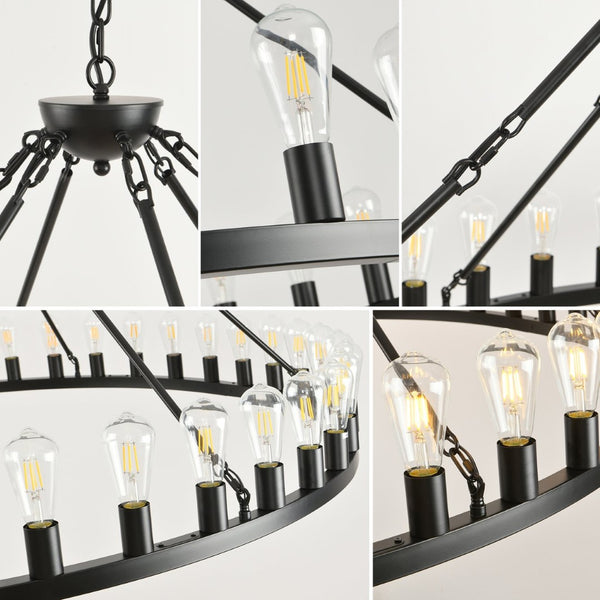English Elm 53.15 Inch Wagon Wheel Chandelier Matte Black 18 Light Farmhouse Industrial Large Room W5008P389306