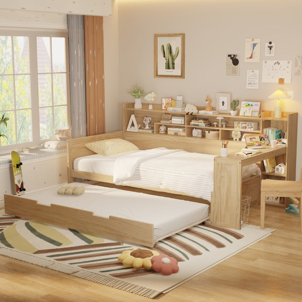 English Elm Wooden Twin Daybed with Trundle Built-in Desk and Open Shelves for Kids Rooms Natural N733S373389M