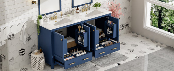 English Elm 60" Blue Double Vanity with Ceramic Sinks, Solid Wood Frame, Divided Drawers & Soft-Close Doors N729P000001C