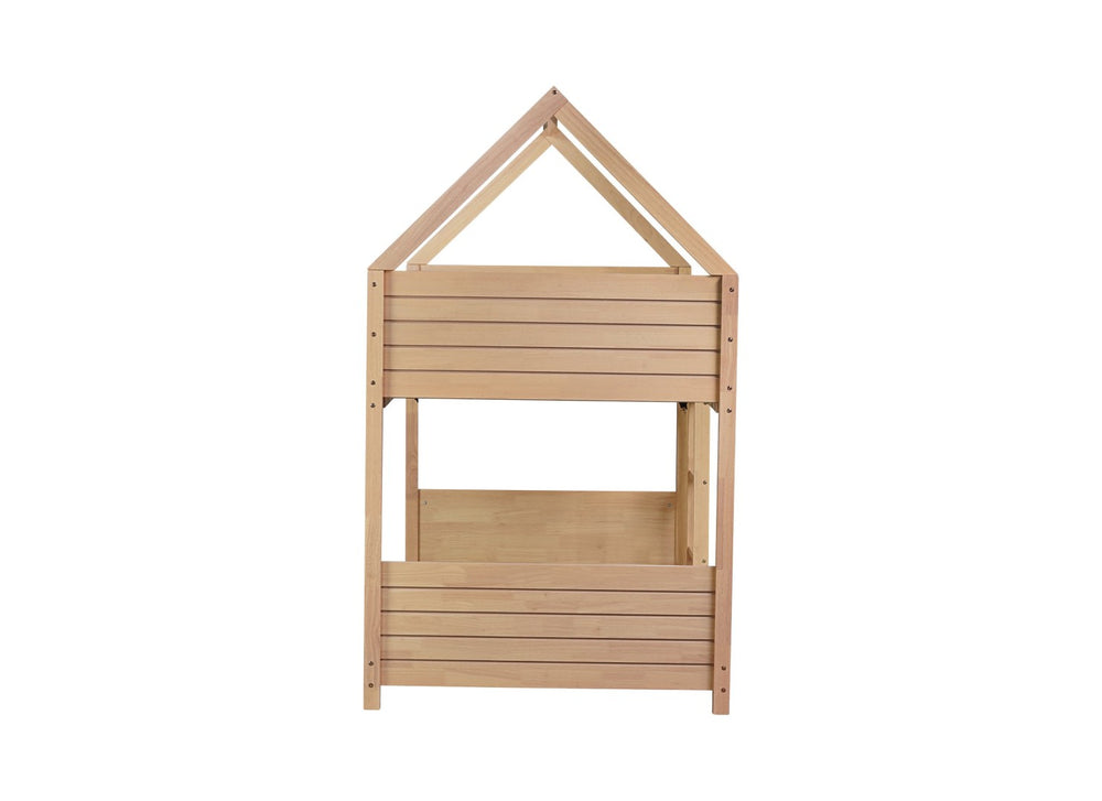 English Elm Twin House Floor Bunk Bed – Charming Rubberwood Design With Safety Guardrails, Ladder & White Oak Finish W504P227973-GIGA