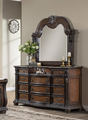 English Elm 1pc Marble Top Five Drawers Tall Chest with Intricate Moldings, Curved Silhouette & Antiqued Hardware Brown,Coffee 71.5 L x 25 W x 42.25 H B2741P366087