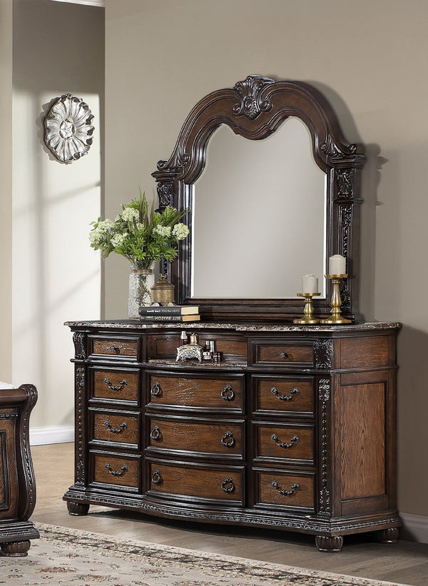 English Elm 1pc Marble Top Five Drawers Tall Chest with Intricate Moldings, Curved Silhouette & Antiqued Hardware Brown,Coffee 71.5 L x 25 W x 42.25 H B2741P366087