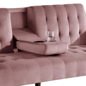 English Elm 72" Convertible Linen Sleeper Sofa with Folding Backrest Built-in Table Small Space Pink B2735P498839