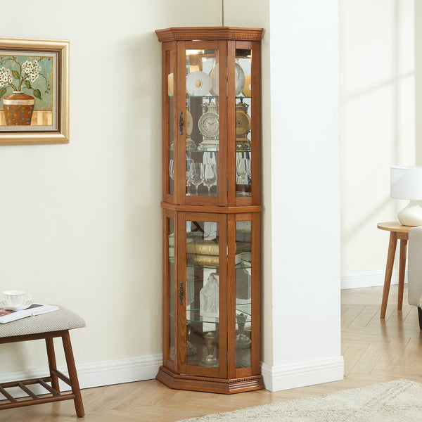 English Elm Lighted Corner Curio Cabinet - Elegant Display Shelf With Adjustable Glass Shelves & Ambient Lighting W1758P300137