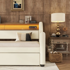 English Elm Twin Size Daybed With Trundle, Modern Upholstered Design Featuring Led Lights & Charging Station W1580S00042-GIGA