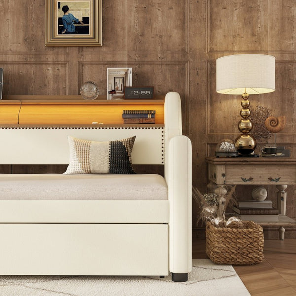 English Elm Twin Size Daybed With Trundle, Modern Upholstered Design Featuring Led Lights & Charging Station W1580S00042-GIGA