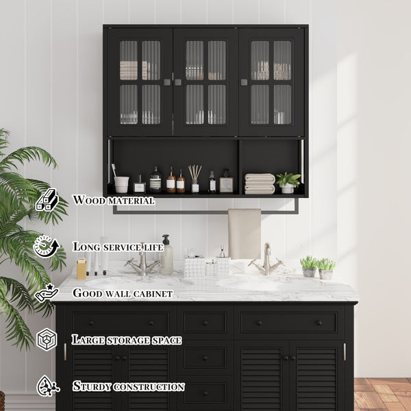 English Elm Bathroom Wall Cabinet with 3 Doors and Glass Panel, MDF Storage Cabinet with Towel Bar, Modern 35.6"L x 10.2"W x 32.5"H Black W757P329724