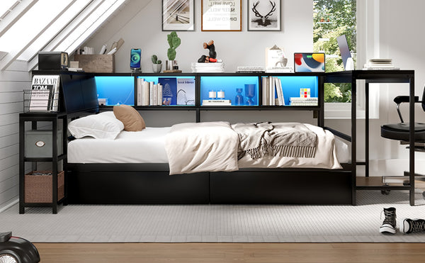 English Elm Corner Twin Platform Bed Bookcase Led Lighting Charging Station Underbed Storage W1670P420458