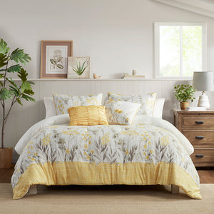JLA Home Madison Park - 5 Seersucker Comforter Set with Floral Embroidery, Yellow Border Accent, Hypoallergenic Soft Texture 90 L x 90 W x 1.5H MP10-8359