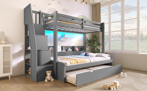 English Elm Twin Over Full Bunk Bed with Stair Drawers Shelves Led Lighting and Usb Port Grey N7090005013E