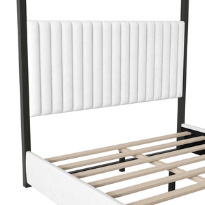 English Elm Queen Velvet Upholstered Canopy Bed White Metal 4 Poster Frame No Box Spring GX001031AAB