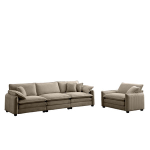 English Elm Mid-Century Modern Sofa Set: 3-Seater & Single Seat With Pillows, Plush Tan Corduroy For Comfort W714S00716
