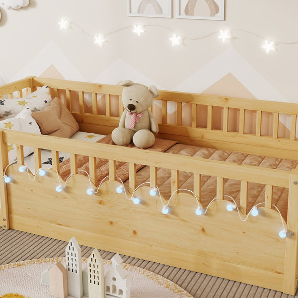 English Elm Twin Montessori Floor Bed Frame with High Rails and Built-In Light Shelf for Safe Independent Sleep Natural 79.13 L x 13 W x 6.3 H W2593P333571