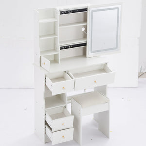 English Elm 29.2" Compact Left Drawer Vanity Set With Led Mirror, Power Station, Stool & Hair Dryer Holder P2 W936P226043-GIGA