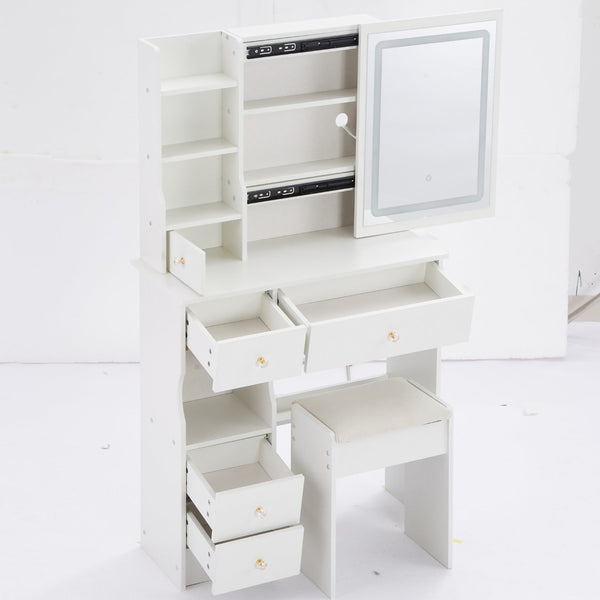 English Elm 29.2" Compact Left Drawer Vanity Set With Led Mirror, Power Station, Stool & Hair Dryer Holder P2 W936P226043-GIGA