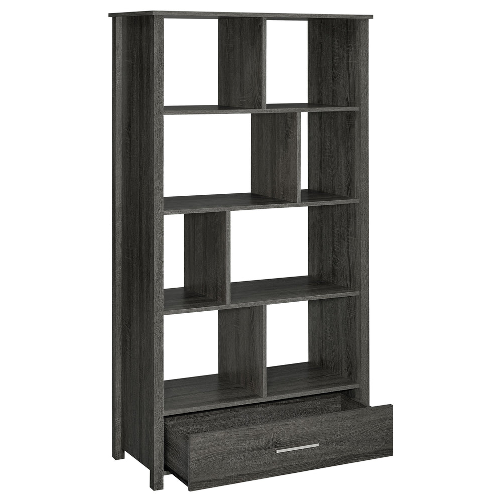 English Elm Dylan Weathered Grey 4-Shelf Bookshelf with Curved Glass Top, Bottom Drawer Storage, Modern 68" Tall B062P344934