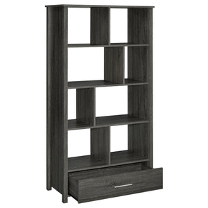 English Elm Dylan Weathered Grey 4-Shelf Bookshelf with Curved Glass Top, Bottom Drawer Storage, Modern 68" Tall B062P344934