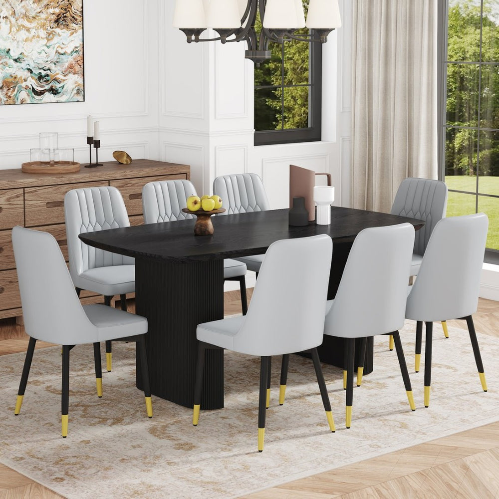English Elm Table And Chair Set - 67" Black Wood Grain Mdf Dining Table With 8 Light Gray Pu Cushioned Chairs W1151S04173-GIGA