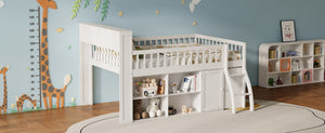 English Elm Full Size Kids Loft Bed with Led Headboard Open Shelving and Natural Wood Frame White N7090005024K