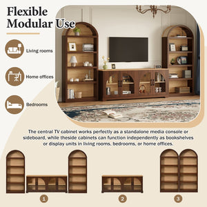 English Elm 3-piece Farmhouse Entertainment Center with Arched Glass Doors and Open Tower Shelving Walnut N721S000070P
