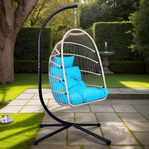 English Elm Foldable Hanging Egg Chair with Stand Pillow, HDPE Wicker, Rust‑Resistant Frame, Cushioned Headrest, 350lb Capacity Blue W2500P369700