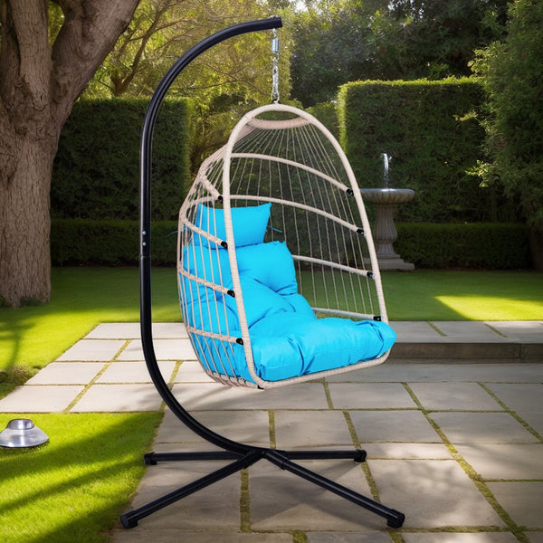 English Elm Foldable Hanging Egg Chair with Stand Pillow, HDPE Wicker, Rust‑Resistant Frame, Cushioned Headrest, 350lb Capacity Blue W2500P369700