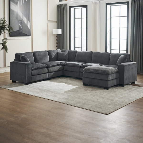 English Elm Modern U Shaped 6-Seat Sectional Sofa with Ottoman and 3 Toss Pillows, Corduroy Modular Comfort and Durable Frame Grey W2363S00041