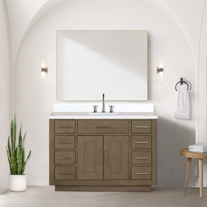 English Elm Grey Oak Single Bath Vanity 48 in. W x 22 in. D — Grey midcentury wood vanity, soft-close drawers, fully assembled storage (98) B2731P257703