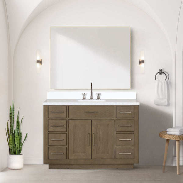 English Elm Grey Oak Single Bath Vanity 48 in. W x 22 in. D — Grey midcentury wood vanity, soft-close drawers, fully assembled storage (98) B2731P257703